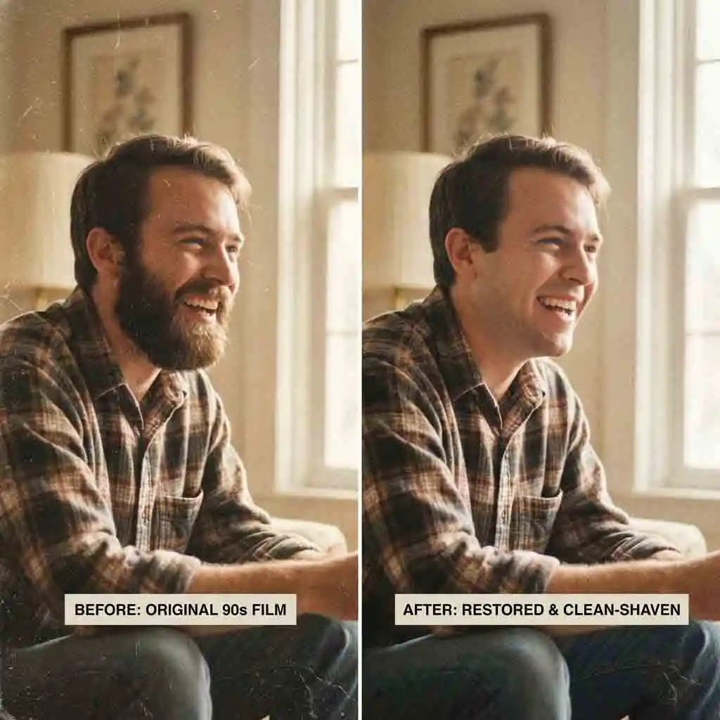 Modernize and clean up older family portraits with ai beard remover, gently removing facial hair to reveal more of the face while maintaining the vintage character and charm of your cherished archival images.