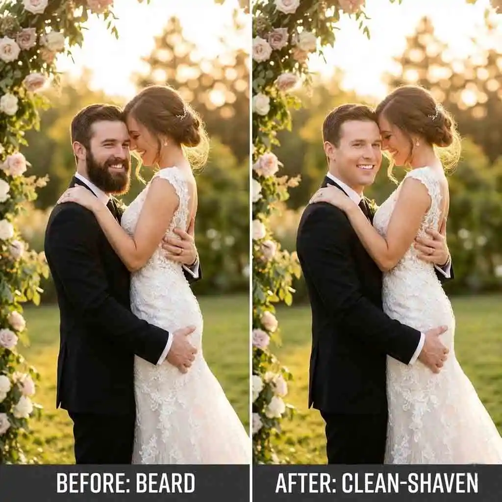Refine your wedding and event albums with ai beard remover, allowing you to create clean-shaven versions of already shot photos while preserving the original mood, lighting, and memories of your special day perfectly.