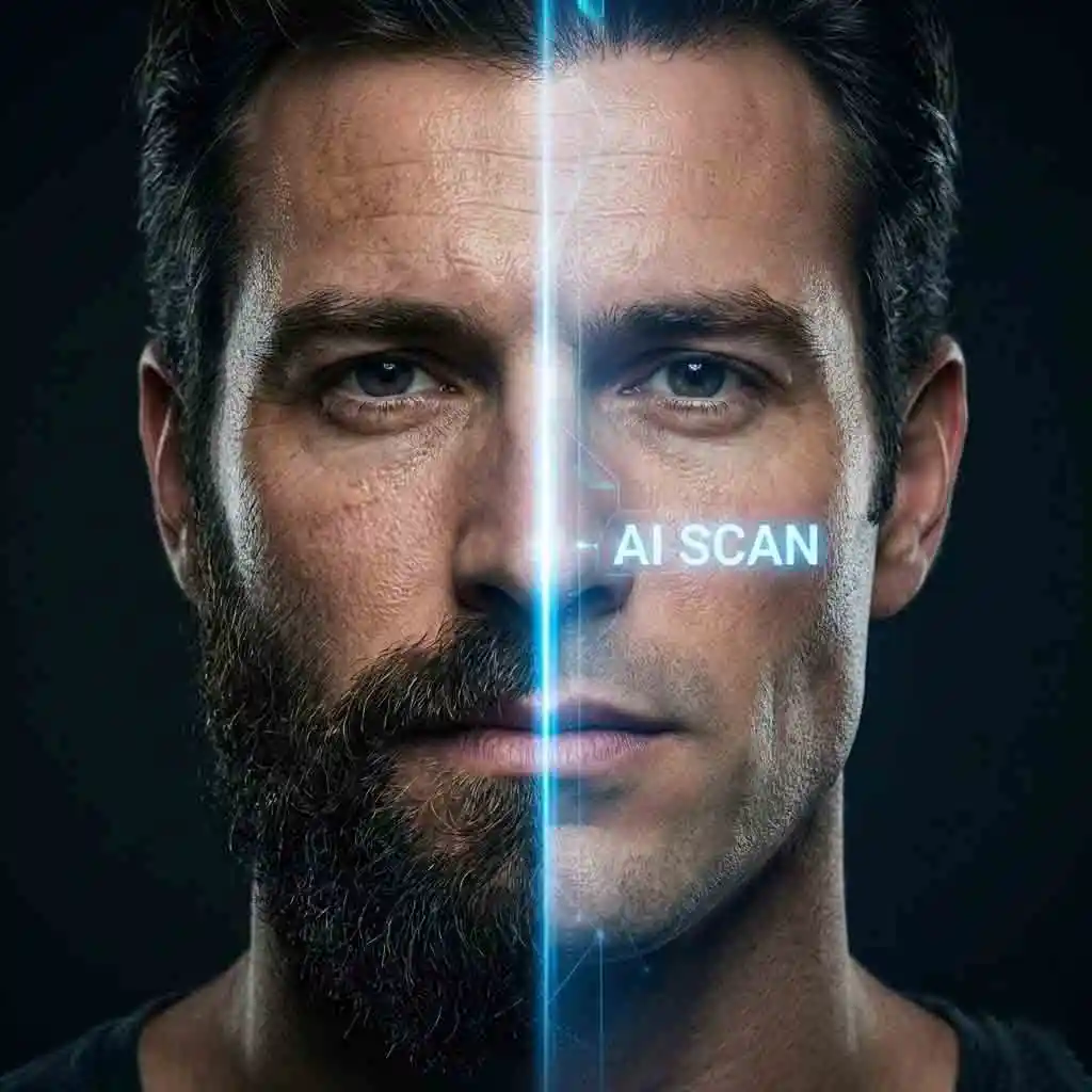 Close up showing how to get no beard filter effects with AI reconstructing jawline and skin texture for a look that fools everyone into thinking you actually shaved.