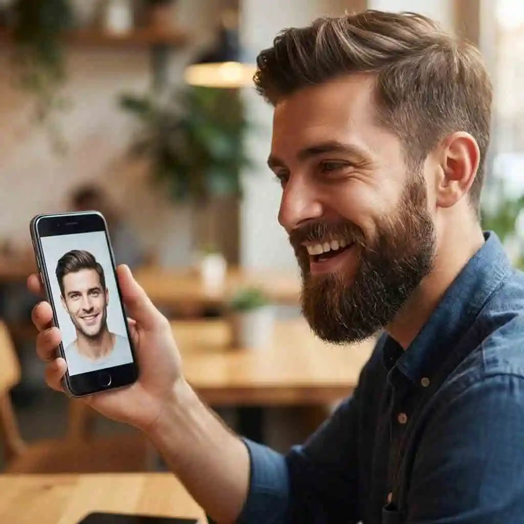 Visual example of how to get no beard filter showing a smiling man who has used our tool to remove his beard, demonstrating the clean and realistic finish.