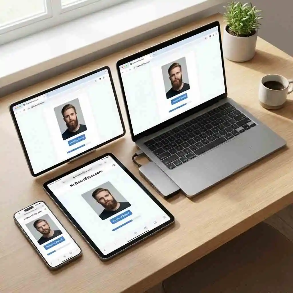 Graphic representing how to get no beard filter directly in your browser on any device without downloading a bulky app, ensuring maximum convenience and zero storage usage.