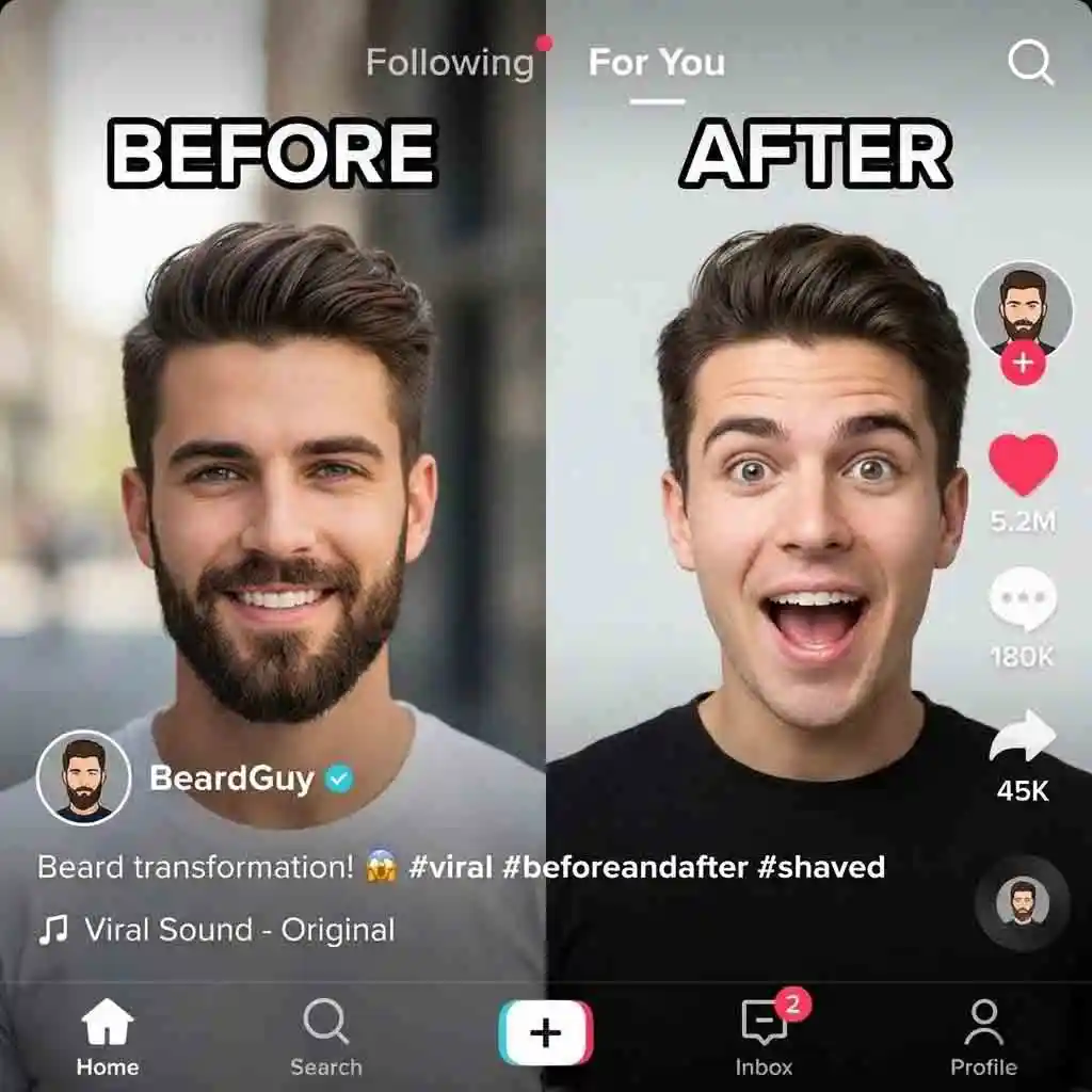 Viral TikTok video creation showing how to get no beard filter transformation with stunning before-and-after results using realistic effects to capture views and engagement on social media.