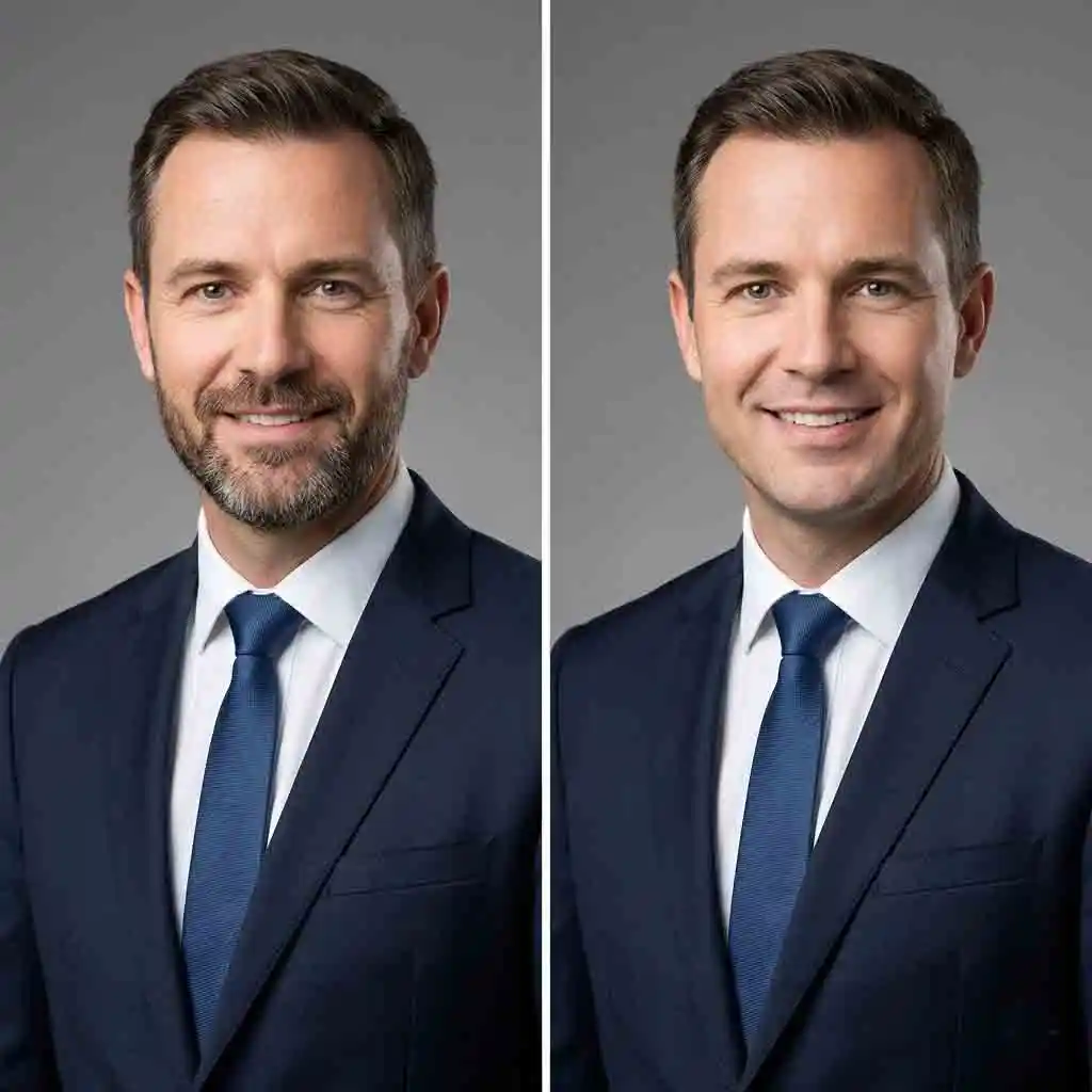 Create the perfect professional headshot for corporate environments by using our service to remove beard from photo online free, helping you maintain a versatile portfolio with both bearded and clean-shaven looks for your career.
