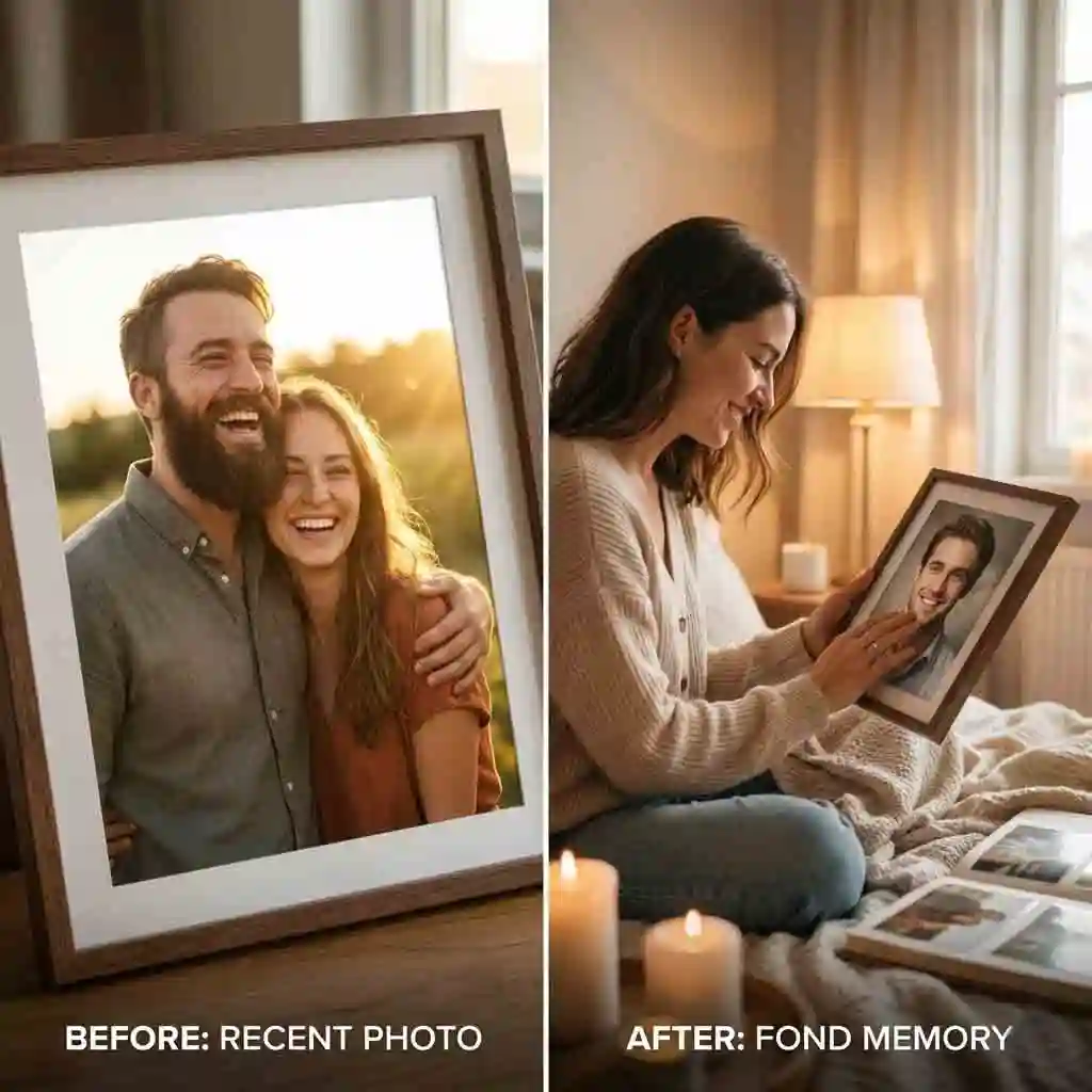 A couple looking at a photo album where one partner uses the no beard filter to recreate a youthful look from when they first met, sparking romantic memories.