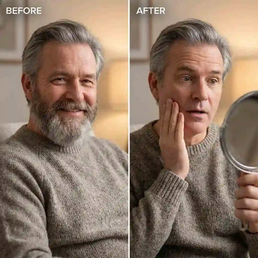 A young man checking his phone to see his new look generated by the AI no beard filter, satisfying his curiosity about how he would look without facial hair after many years.