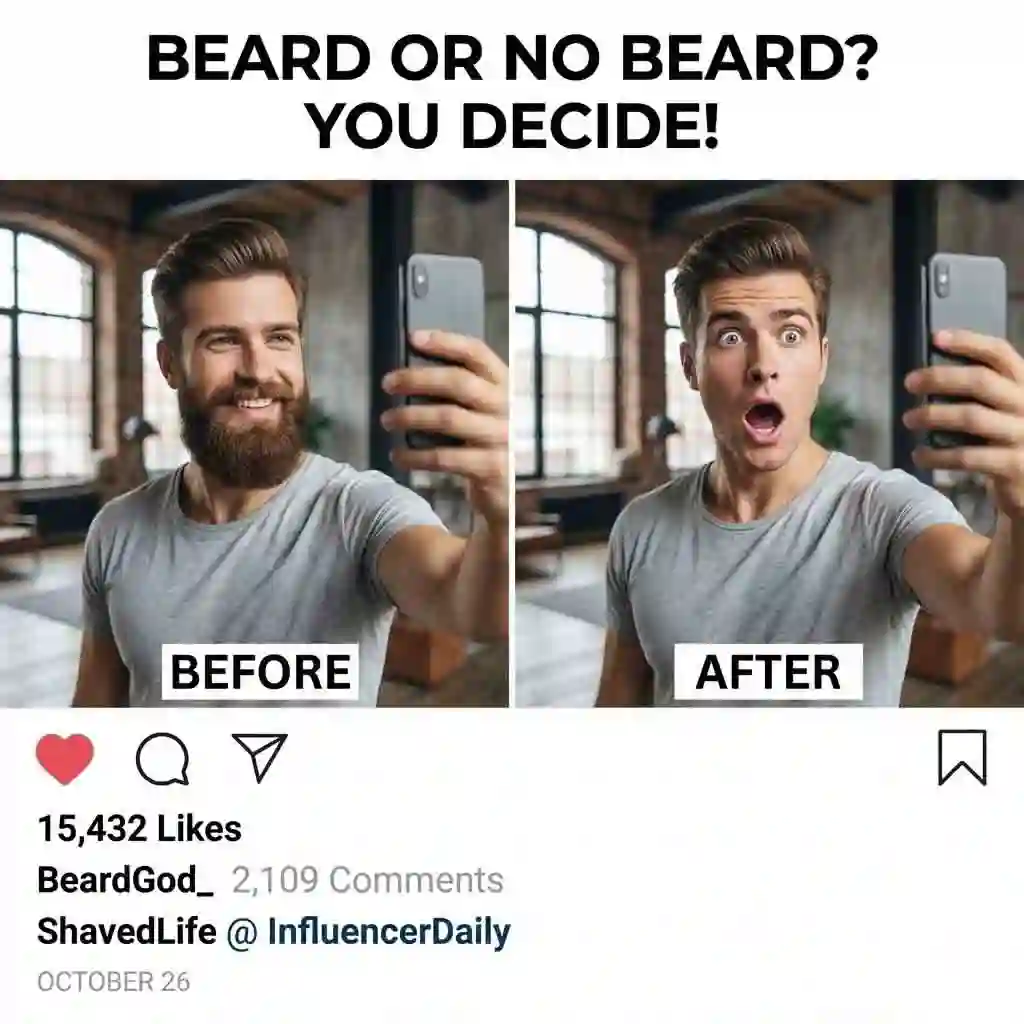 Social media interface showing a viral post with a dramatic before and after transformation using the no beard filter, attracting many likes and comments from engaged followers.