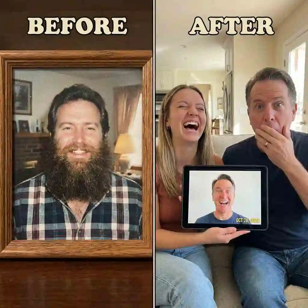 A group of friends laughing at a funny photo created with the no beard filter, showing a bearded friend instantly looking clean-shaven, perfect for lighthearted pranks and jokes.