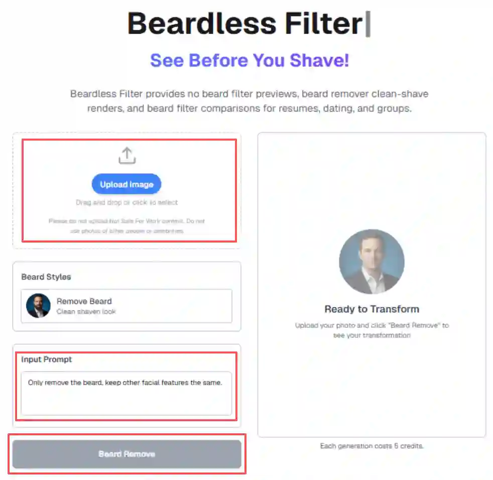 Step-by-step usage of a beardless filter online free, from uploading a facial hair photo to receiving an instant clean-shaven preview for sharing or personal decisions.