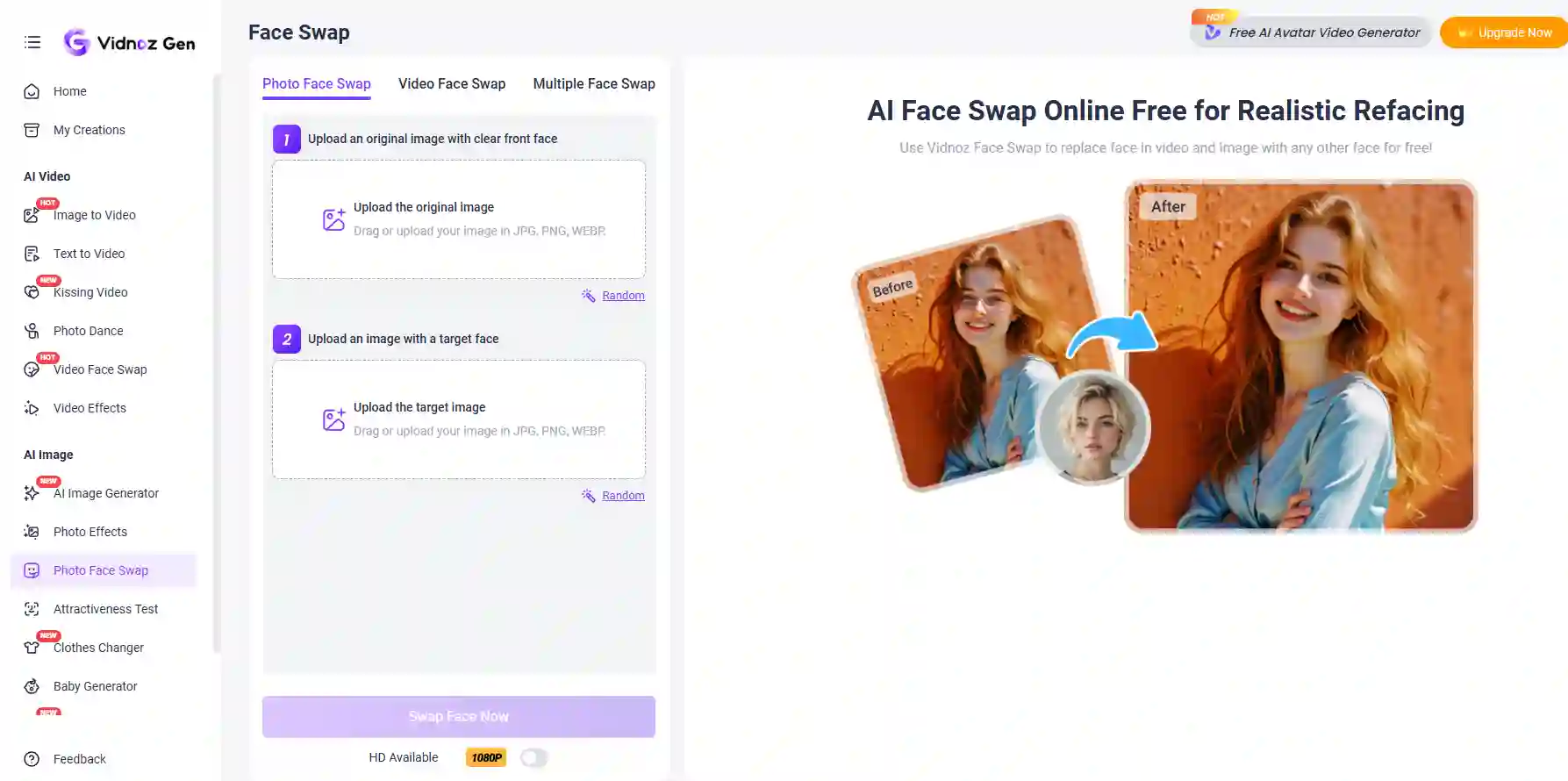 Vidnoz AI face swap demonstrating a creative beardless filter online free method by merging facial features onto a clean-shaven template to preview a beard-free look.
