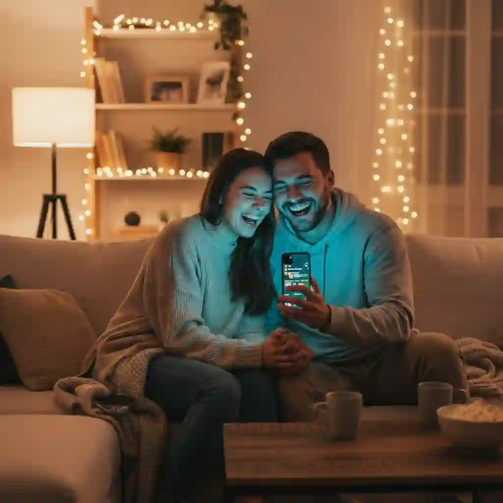 A couple laughing together while viewing a smartphone screen, capturing the joyful surprise triggered by the beardless filter effect during a home test, highlighting how this viral effect sparks fun reactions.