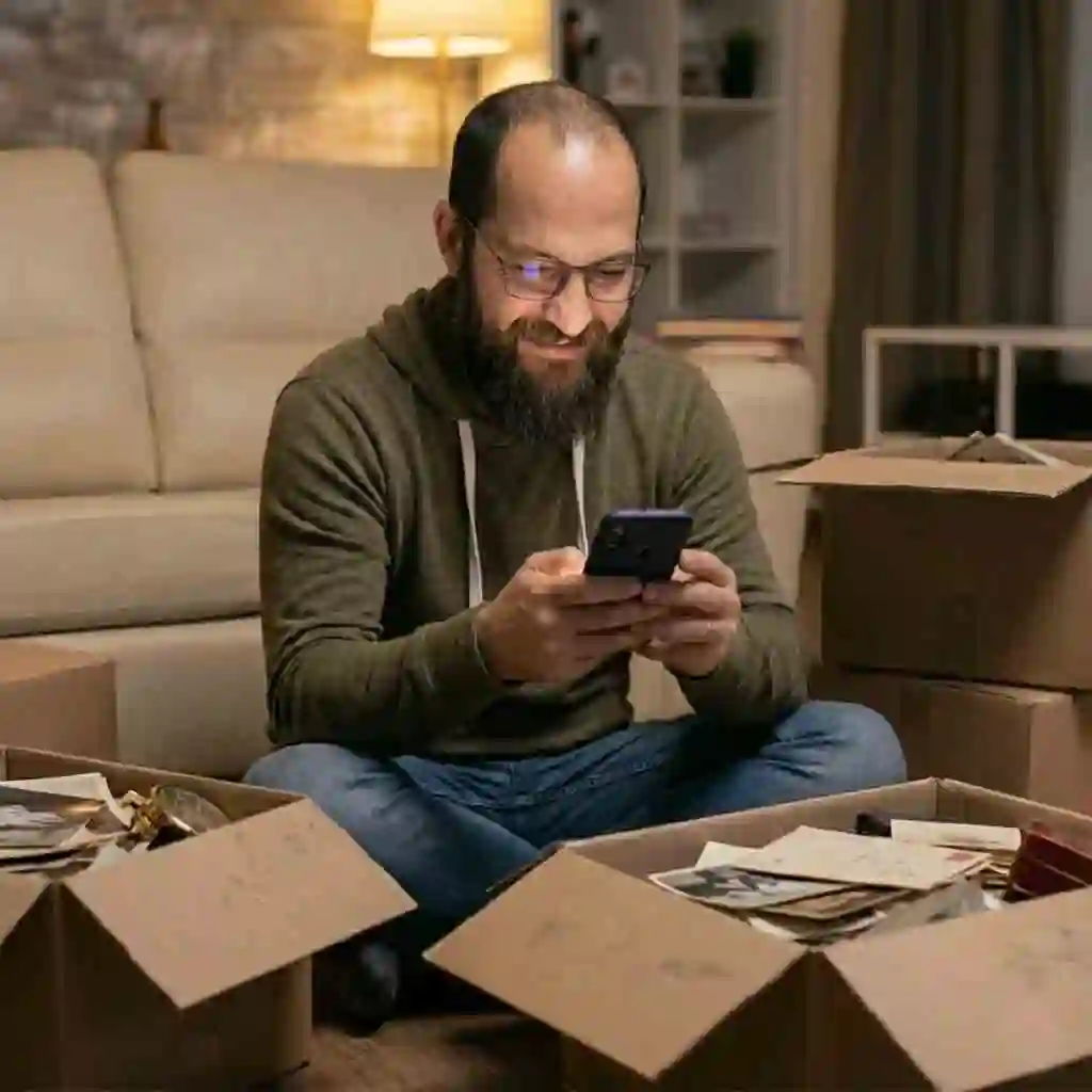 A nostalgic moment with a man holding an old photo album and comparing past images to the live beardless filter effect on screen, visualizing time travel feelings and the emotional impact of seeing a younger face.