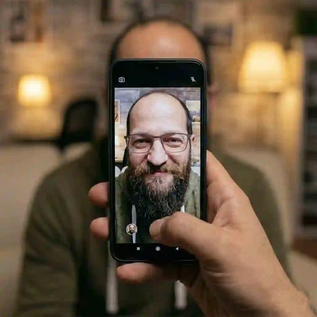 A calm moment with a man gazing at his reflection in the phone’s black screen after closing the beardless filter effect, transitioning from playful transformation to quiet acceptance and appreciation of his real look.