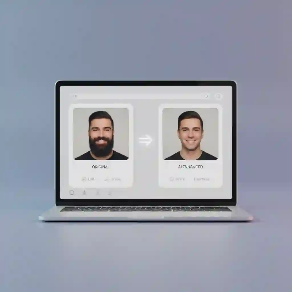 A laptop screen showing an online tool that simulates the beardless filter effect, demonstrating how users can upload a photo and preview a clean‑shaven look without apps, emphasizing accessibility and ease of use.
