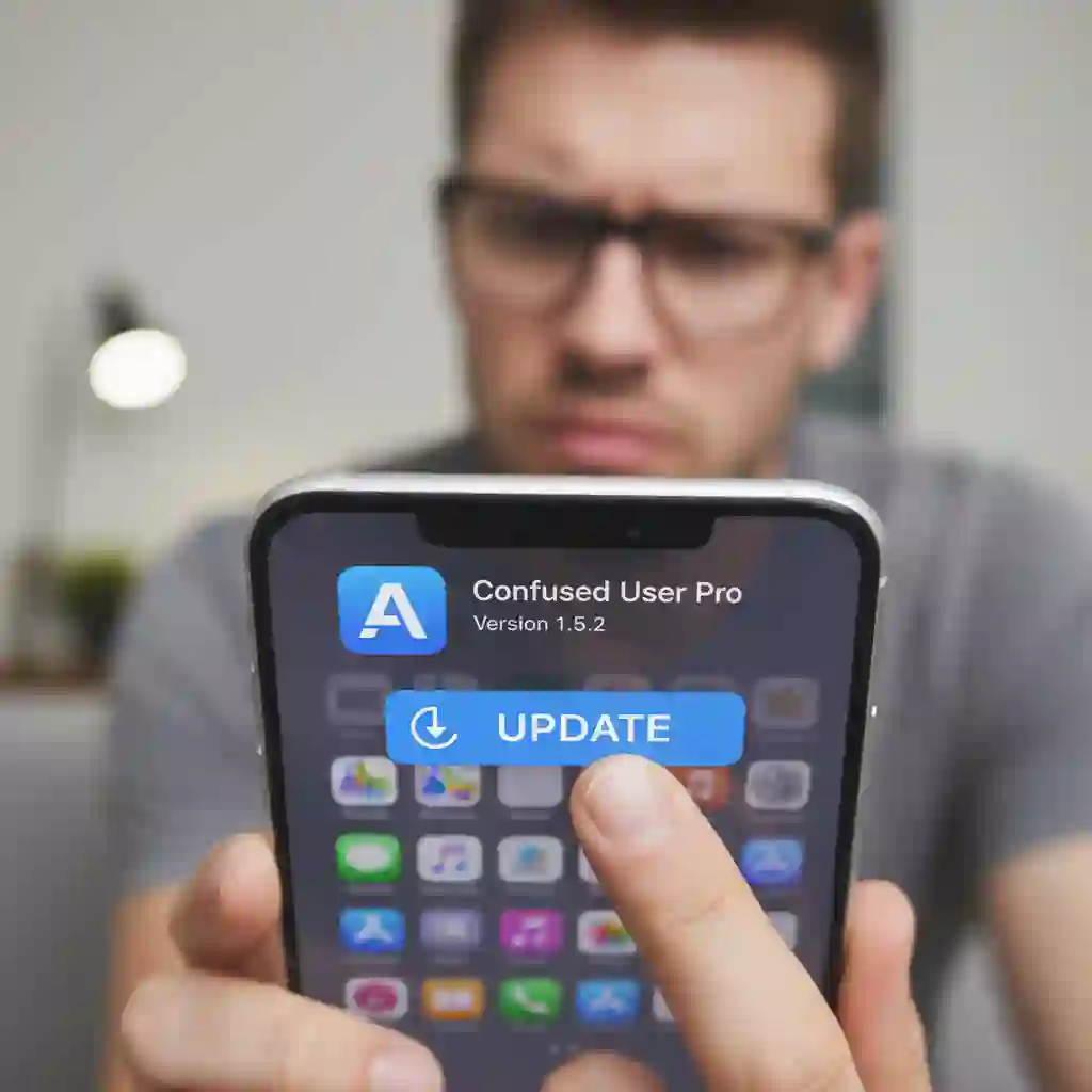 A hand holding a smartphone on an app update screen, explaining that keeping software current helps quickly find and apply the beardless filter effect, resolving common compatibility issues and ensuring smooth real‑time beard removal performance.