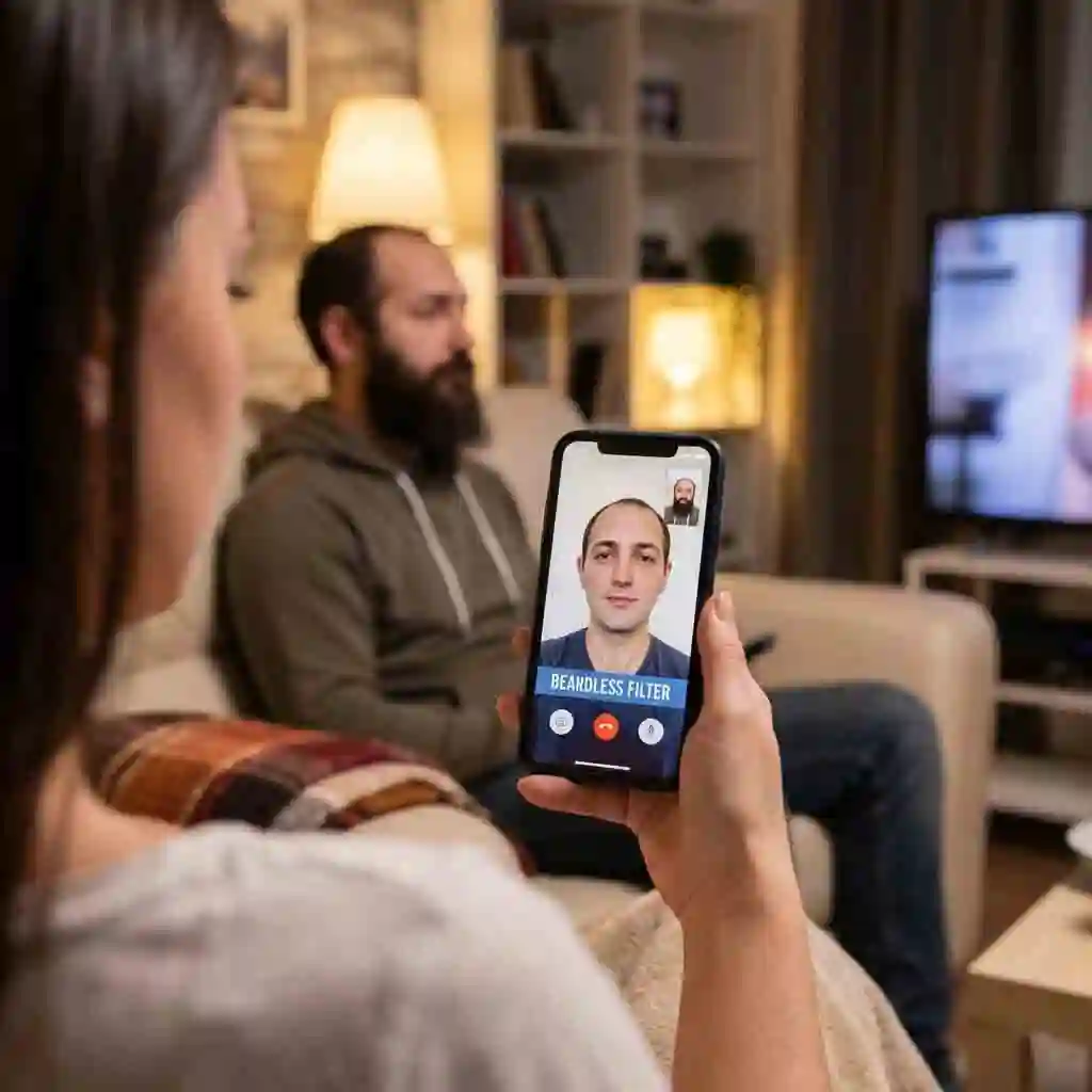 A woman aiming her phone at her partner on the couch to capture his candid reaction when the beardless filter effect is activated, setting up a playful ambush that leads to laughter and memorable family moments.