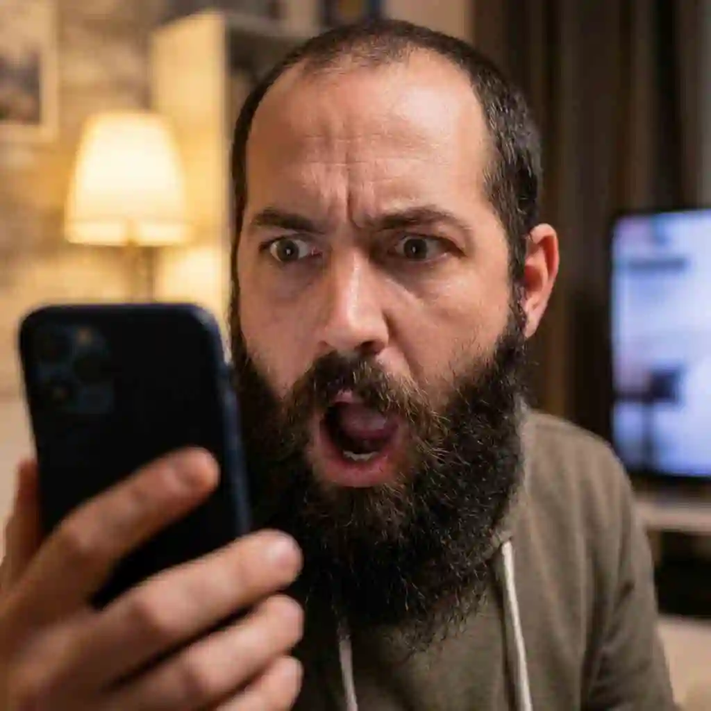 A man with a bewildered expression looking between the phone and a mirror, processing the beardless filter effect and experiencing cognitive dissonance as his familiar bearded identity contrasts with the sudden clean‑shaven digital appearance.