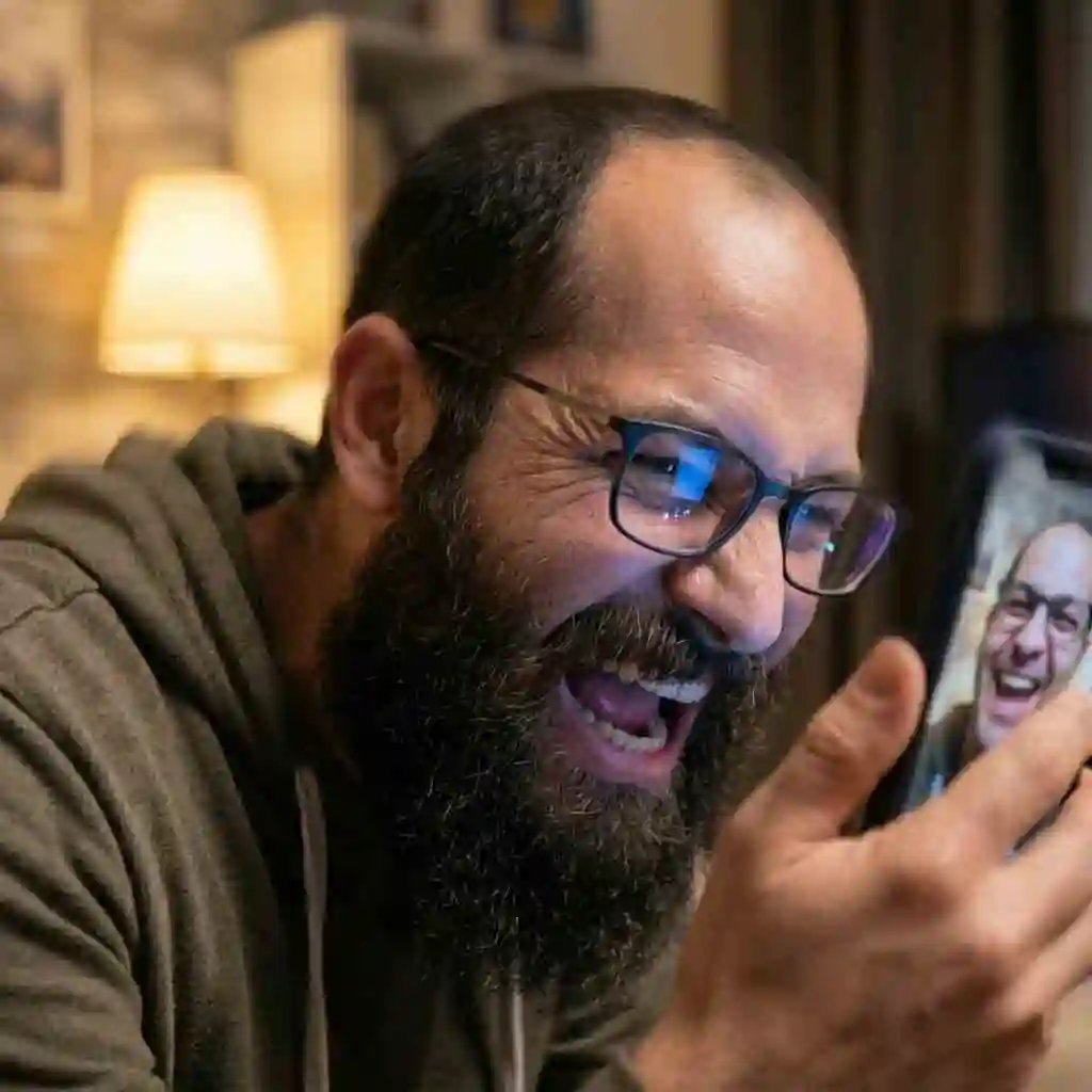 A man laughing hysterically while making goofy faces at the camera, amazed that the beardless filter effect tracks expressions live and mirrors playful gestures, raising the comedic impact of the clean‑shaven transformation.