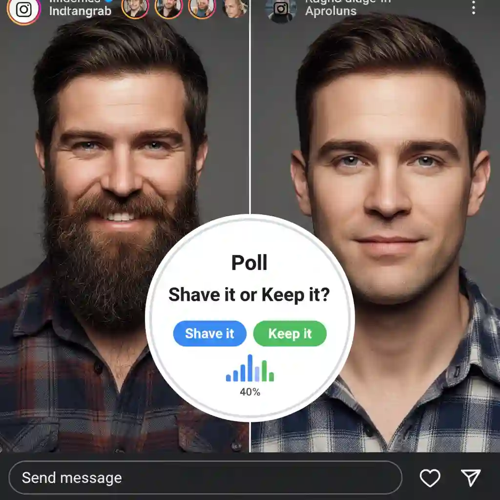 Instagram guide example demonstrating strategic use of beardless filter app images with Stories polls, encouraging interaction while showcasing believable clean-shaven results that look natural under typical mobile lighting conditions.