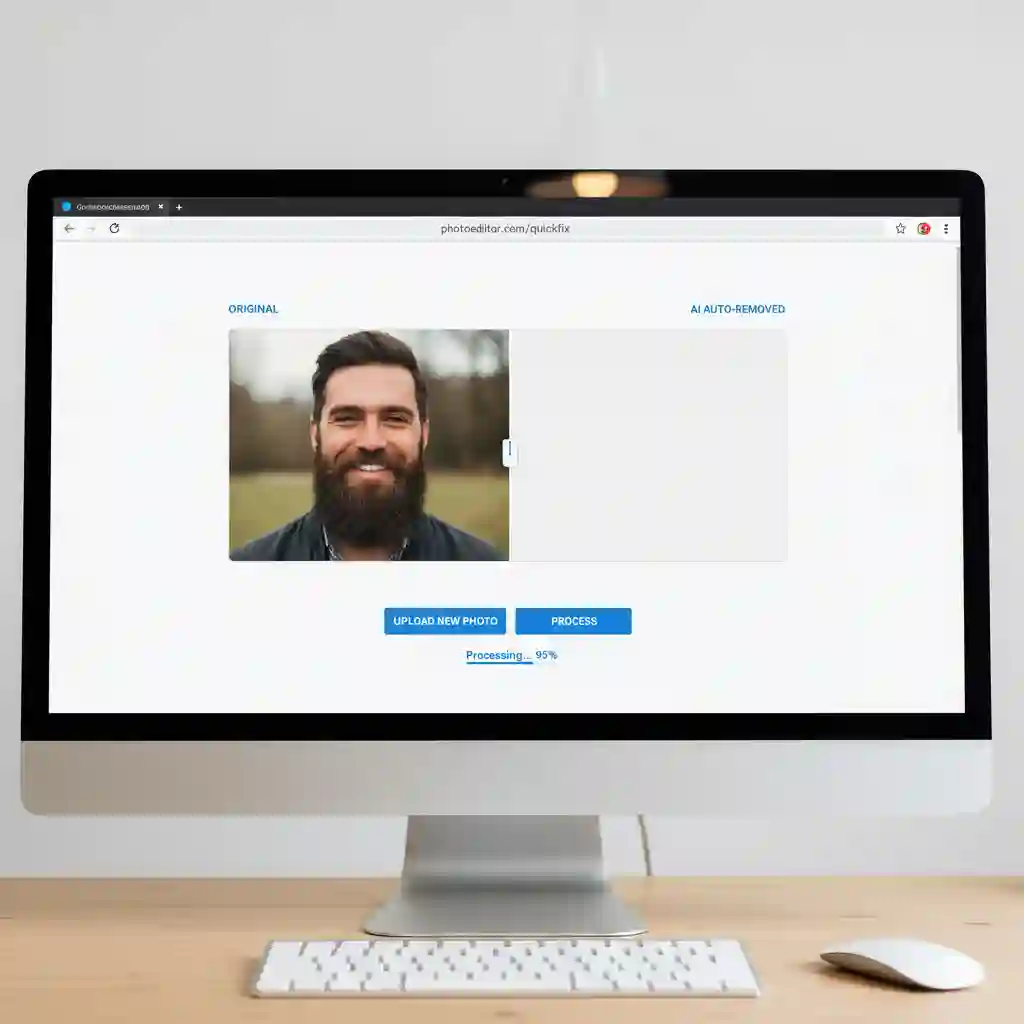 Screenshot of an online alternative to a beardless filter app, removing beard hair automatically and preserving skin detail, ideal for quick tests without installation or storage concerns on mobile devices.