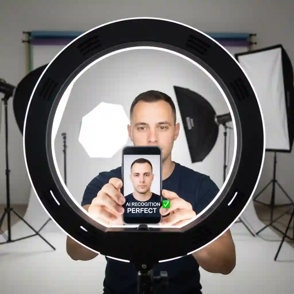 Lighting demonstration proving why a beardless filter app needs even illumination, reducing shadow confusion around the jawline to produce smoother, more consistent skin blending and convincingly realistic clean-shaven outcomes.