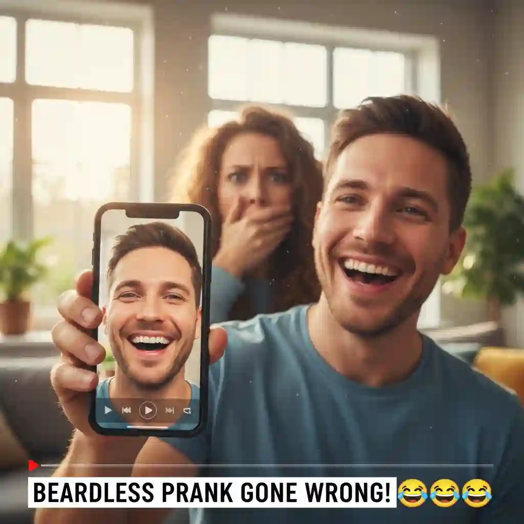 Real-world prank scenario demonstrating a beardless filter app removing facial hair in seconds, capturing authentic reactions while preserving facial geometry, ideal for viral short videos and playful family or partner surprises.