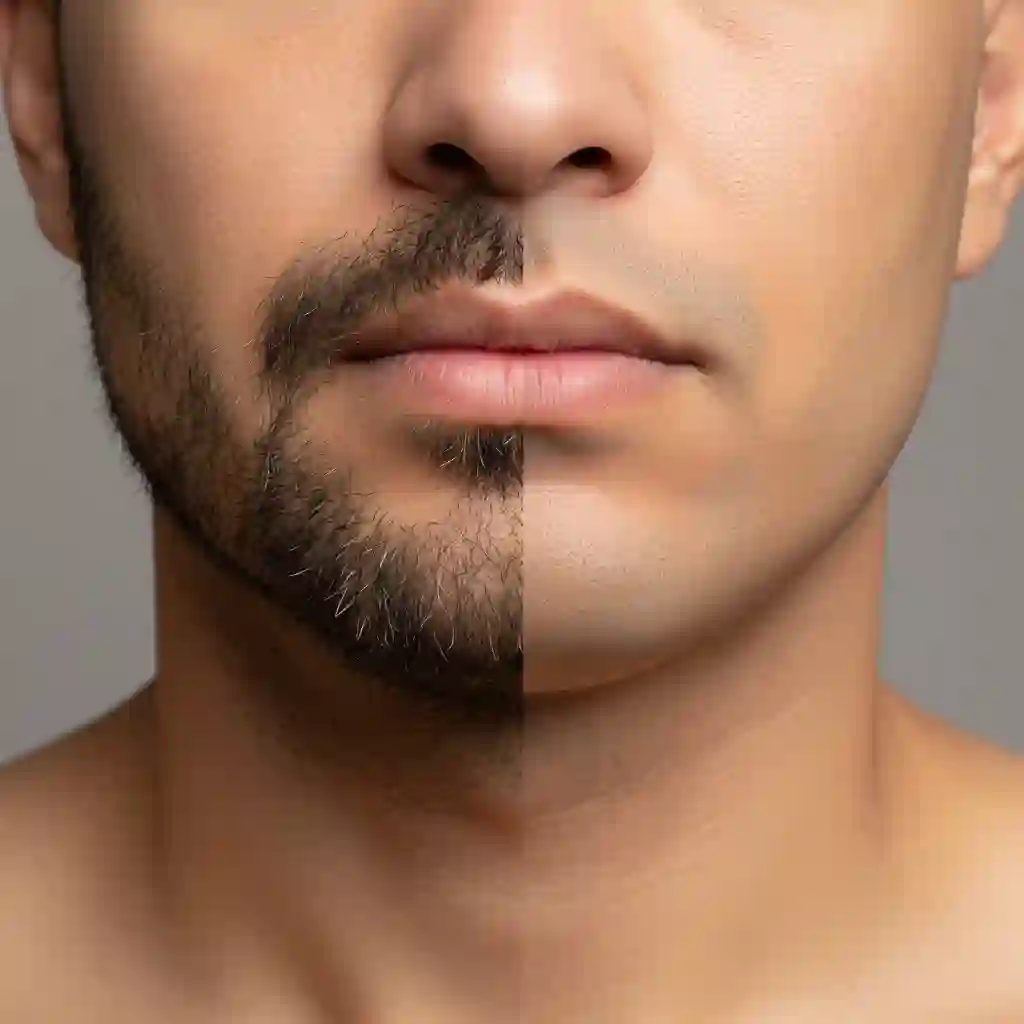 Detailed sample outcome from a beardless filter app emphasizing accurate skin tone blending, beard removal precision, and natural texture, demonstrating why advanced AI editing outperforms simplistic smudge approaches in consumer apps.