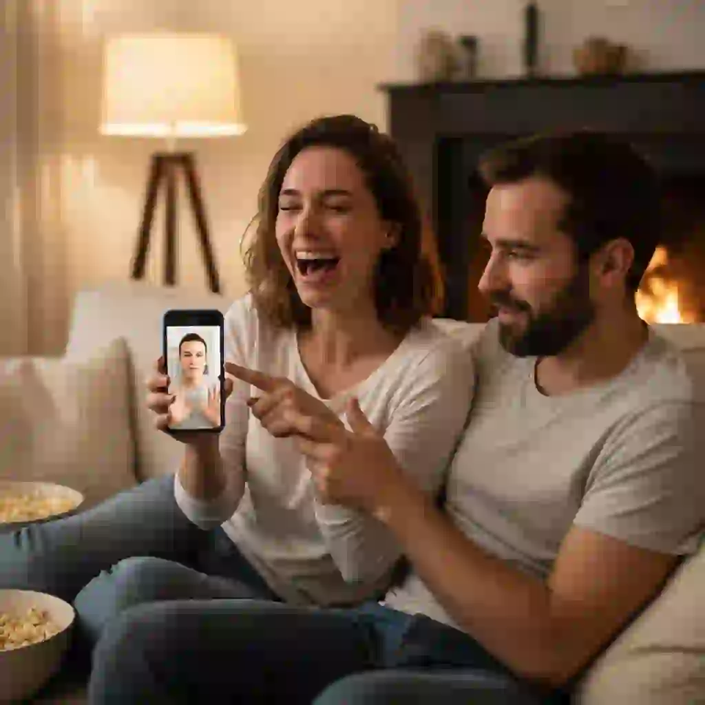 Woman laughing hysterically while watching a beardless filter tiktok reaction, capturing genuine partner surprise at the no beard effect and the emotional hook that fuels algorithmic virality and engagement.
