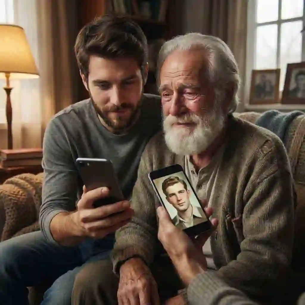 Older man viewing a beardless filter tiktok transformation, evoking nostalgia and emotion as the clean shave filter bridges past and present, fueling meaningful shares beyond simple comedy.