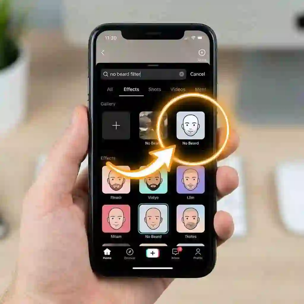 Smartphone screen showing step-by-step tutorial for locating and saving the beardless filter tiktok effect in the TikTok Effects gallery, guiding creators to quick, replicable results.