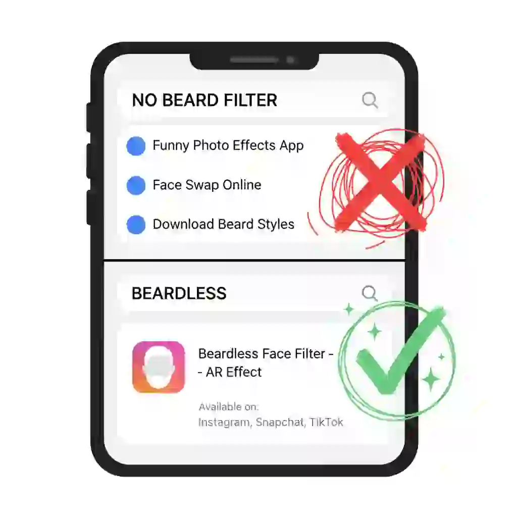 Demonstrates keyword strategy for how to do the beardless filter, showing why descriptive terms outperform negatives and how precise phrasing improves discovery of the authentic clean-shave lens on social apps.