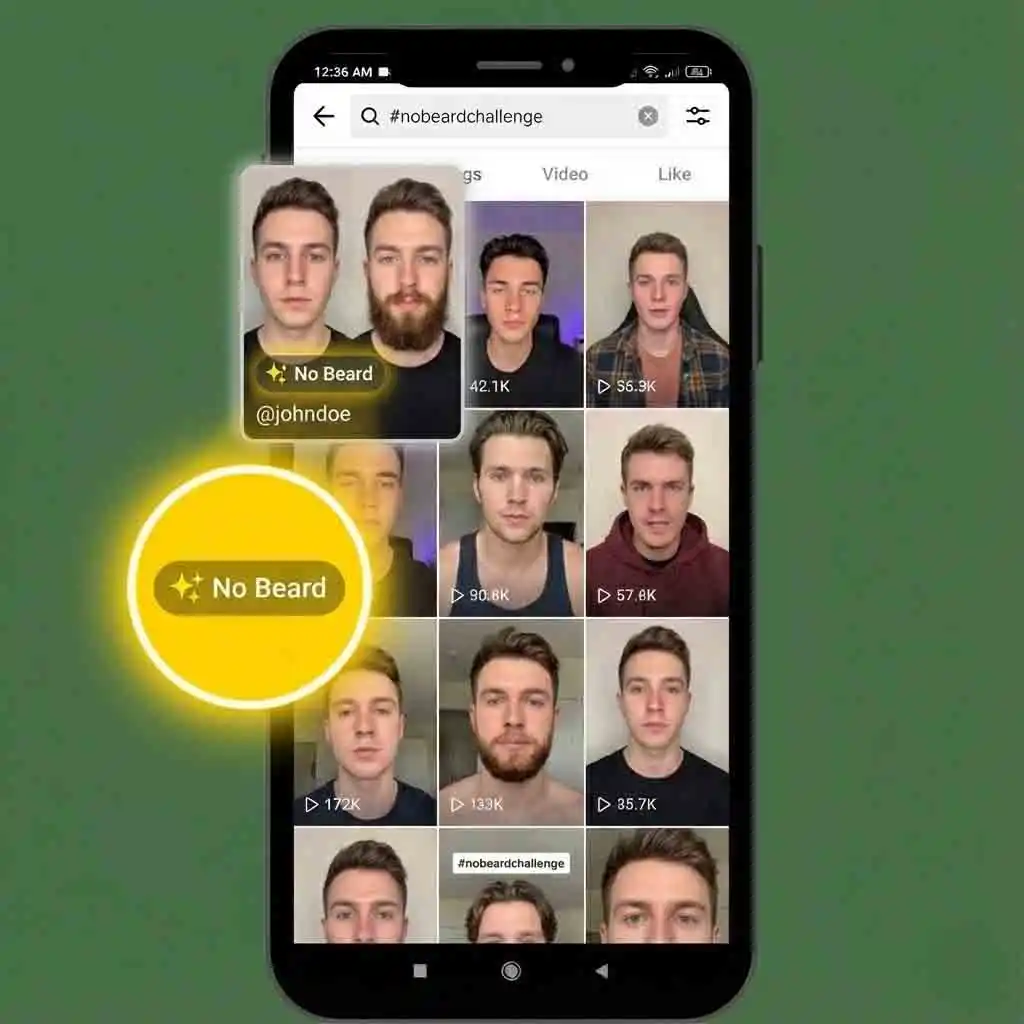 Identifying the yellow effect link above a username, a critical step in how to find the beardless filter on tiktok by jumping straight to the official effect source.