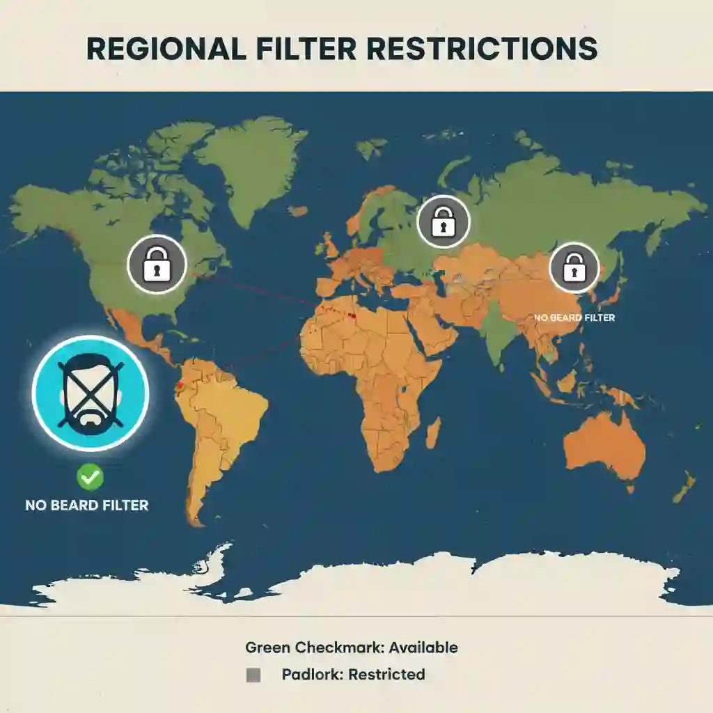 Map showing regional availability differences that affect how to find the beardless filter on tiktok, reminding users to update the app and use creator effect links to access the official clean shaven filter.