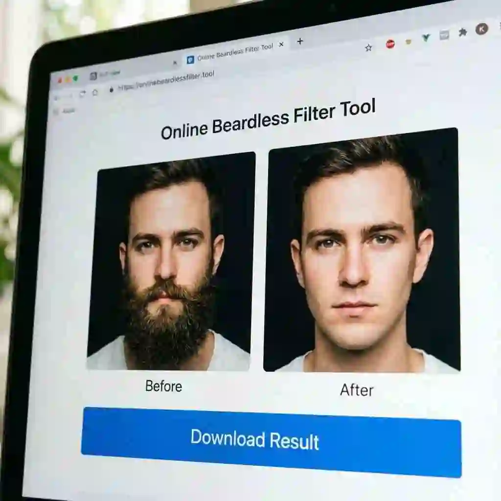 Step-by-step instructions detailing how to use beardless filter in the web app, including image upload, processing, and downloading high-quality clean shave results for social sharing.