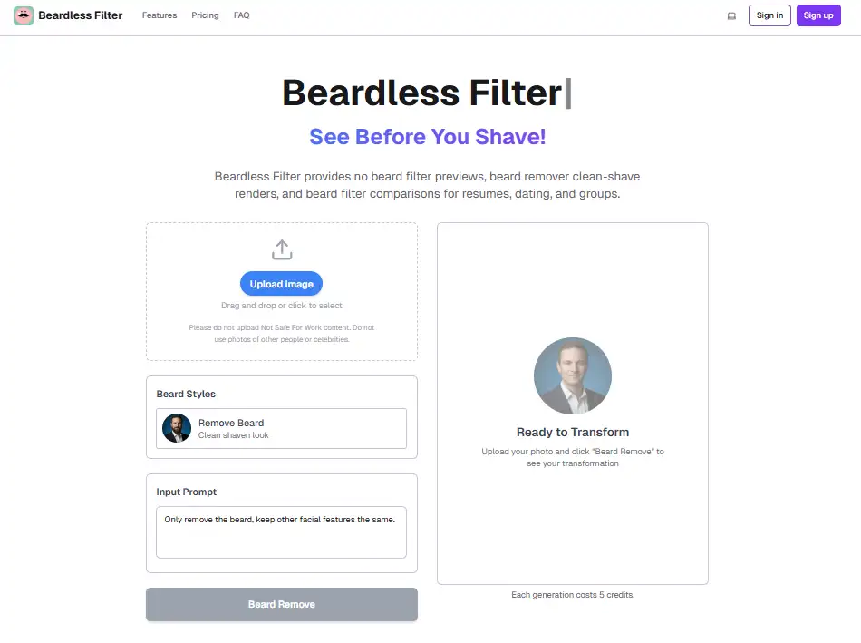 Overview image of the beardless filter online tool demonstrating simple upload, automatic AI processing, and fast clean-shaven previews for photos without searching platform-specific video effects.