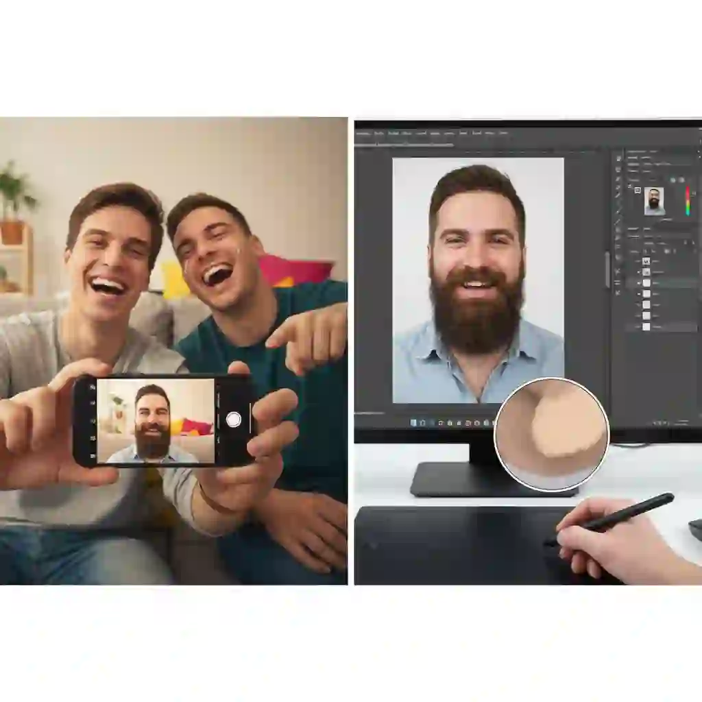 Real-time example showing the beardless filter working directly in camera view, enabling instant no beard transformation while capturing authentic reactions from friends and partners.