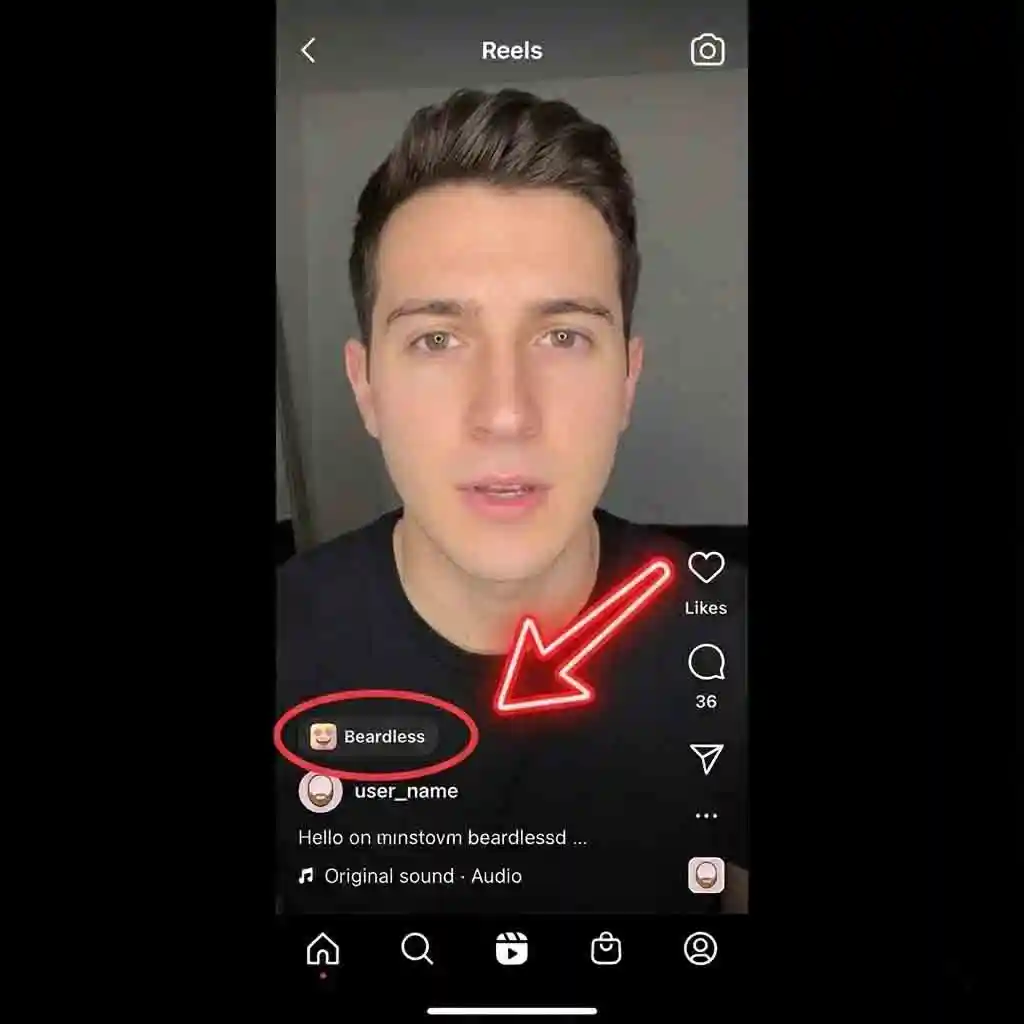 Instagram interface example guiding users to creators and Reels that use the beardless filter, with steps to open the effect page, save it, and apply the no beard transformation.