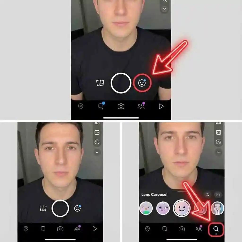 Snapchat camera view highlighting how to discover and use the beardless filter via Lens Explorer, showcasing stable original versions and quick access for realistic clean-shaven results.