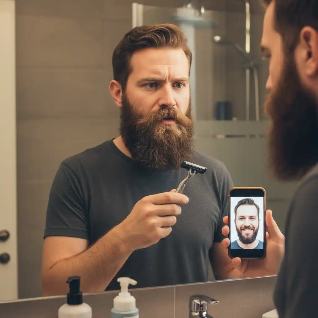 Example image illustrating the beardless filter online as a zero-risk decision tool, offering a virtual shave preview so users avoid regret before removing facial hair